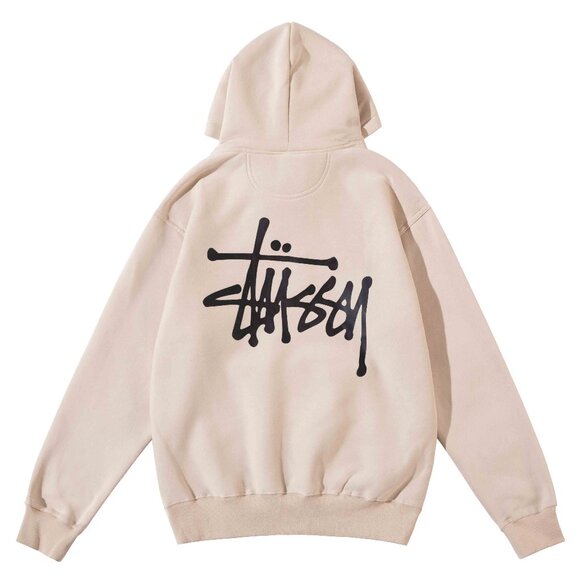 Men's Stussy Cream Printed Hooded Drawstring Sweatshirt Size: M - Picture 1 of 12